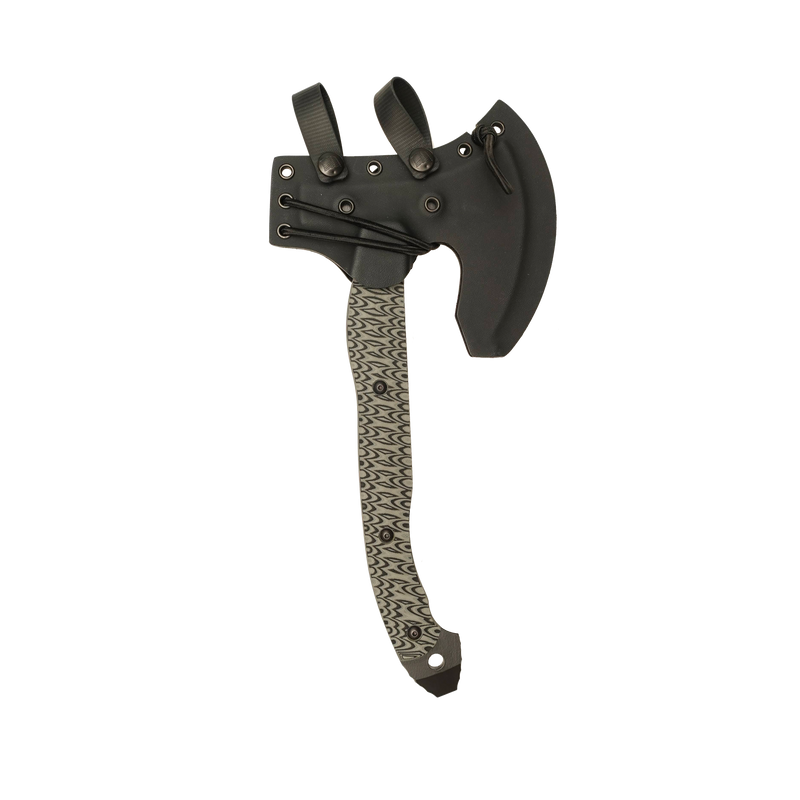 Operator Hatchet with Grey/Black Layered G10 Scales and a Black Cerakote Blade